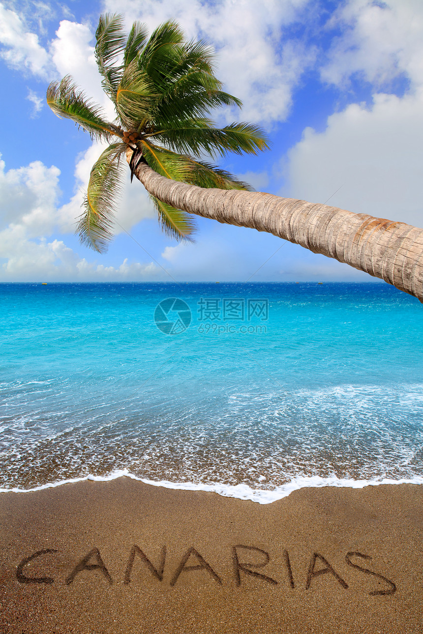 棕色沙滩沙沙 有字写着  加那利群岛热带打印支撑泡沫海浪太阳旅行水晶岛屿蓝色图片