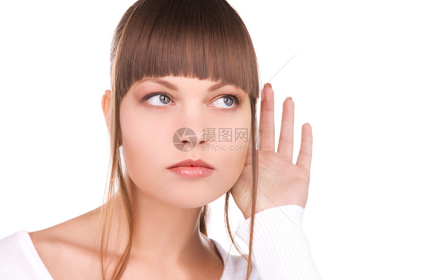 流言注意力手势耳朵青少年棕榈传闻白色女性秘密谣言图片