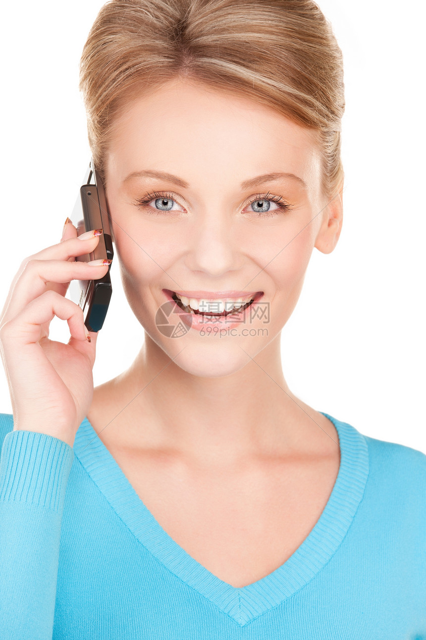 拥有电话的快乐女商务人士女性手机情感金发女郎女孩人士八卦技术微笑商务图片