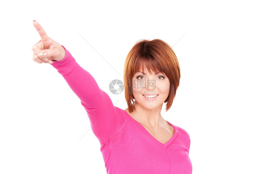 女商务人士指着她的手指女孩黑发公告快乐采摘成人女性微笑商务商业图片