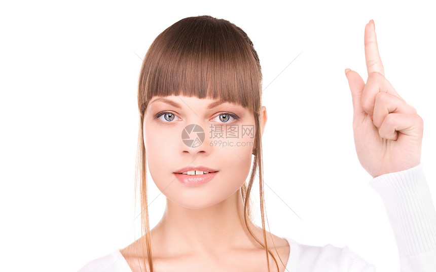 女人的手指举起她的手指女孩商务注意力黑发公告手臂人士警报快乐青少年图片