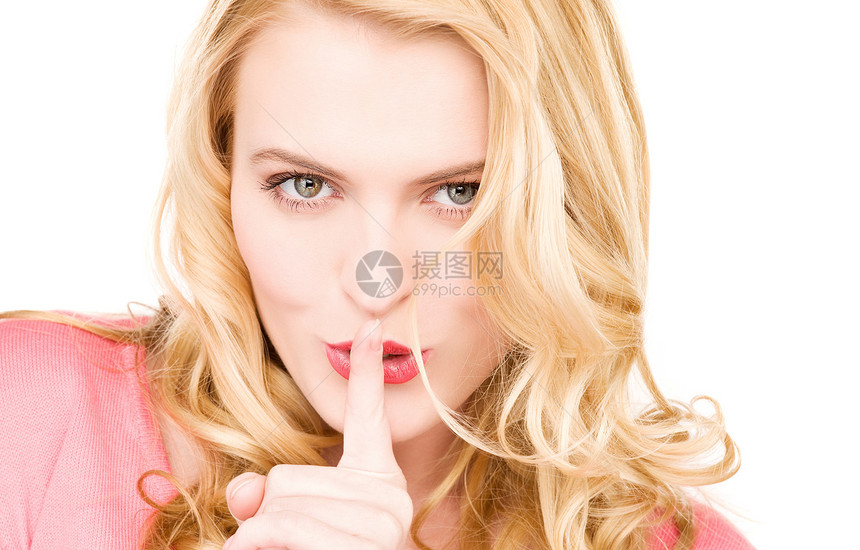 嘴唇上的手指阴谋商务警告秘密手势女孩人士微笑成人女性图片