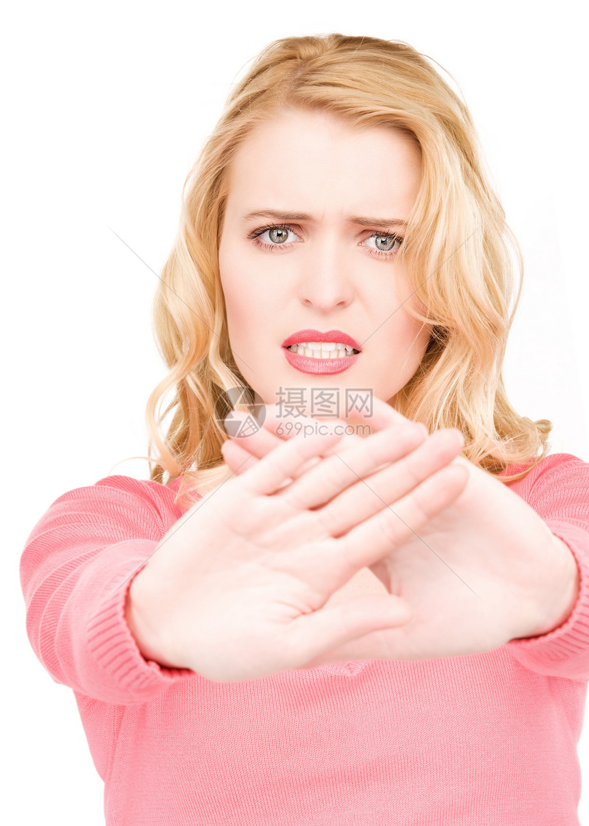 年轻女性做出停止手势抑制棕榈震惊白色人士商业商务禁令情感金发女郎图片