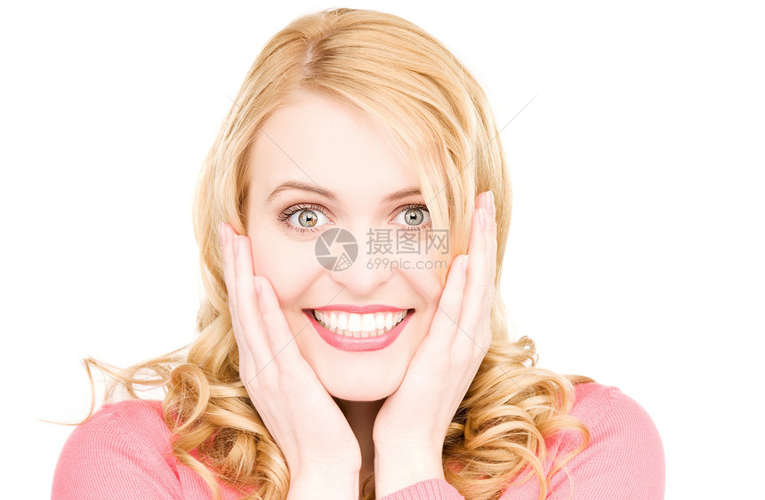 惊喜女人的脸快乐粉色手势情感商务女性白色灰眼睛女孩微笑图片