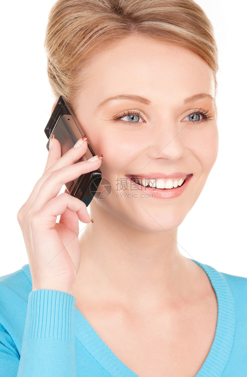 拥有电话的快乐女商务人士女性女孩技术手机金发女郎商务呼唤细胞微笑八卦图片