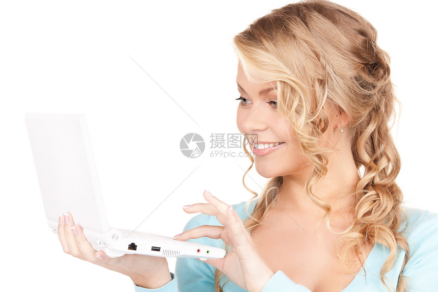 拥有笔记本电脑的幸福妇女商务微笑互联网女孩成人商业邮件人士八卦金发女郎图片