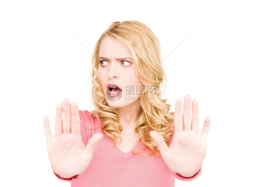 停下来商务棕榈金发女郎女孩震惊抑制白色禁令手势情感图片