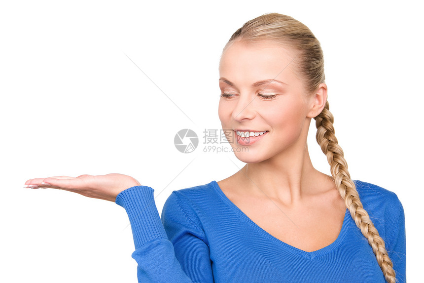 椰枣上的东西金发女郎女孩广告商务白色人士蓝色女性棕榈手势图片