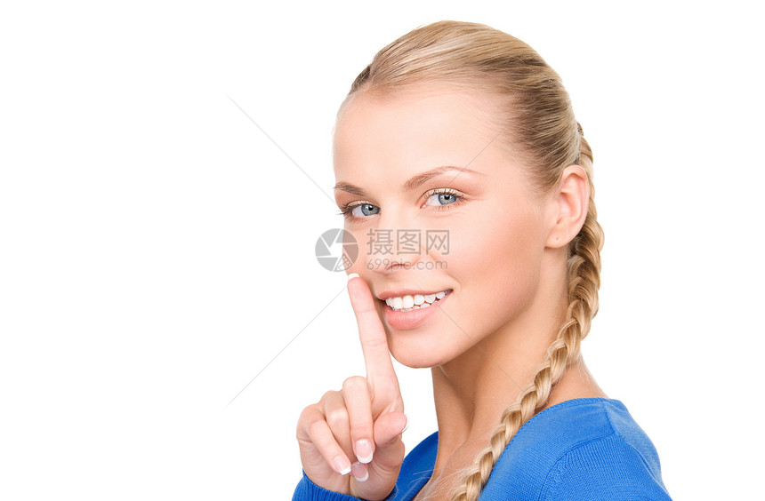 嘴唇上的手指警告金发女郎微笑蓝色秘密女性商务女孩阴谋青少年图片