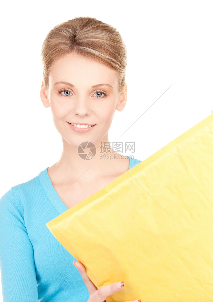 拥有包裹的女商务人士包装微笑女孩销售量运输商业快乐金发女郎纸盒成人图片