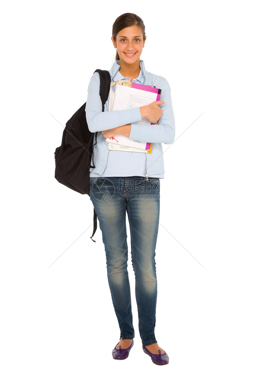 背包和书本的少女黑发女孩学生拉丁青少年微笑牛仔裤图书长发图片