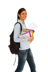 背包和书本的少女图书长发牛仔裤青少年女孩黑发学生微笑拉丁背景图片