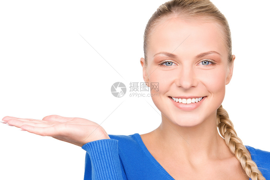 椰枣上的东西棕榈蓝色商务青少年快乐人士女性微笑金发女郎白色图片