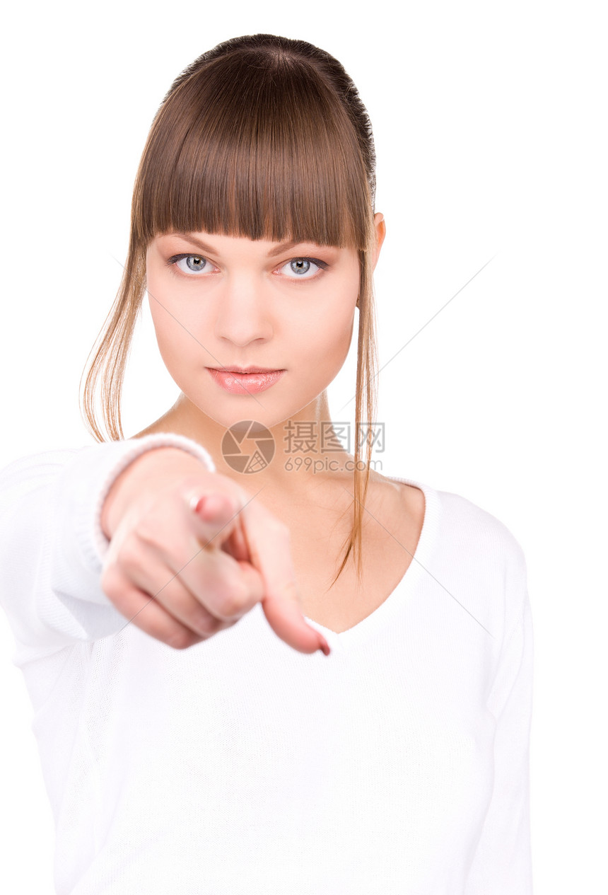 女商务人士指着她的手指行动白色指责成人商业女性手势青少年女孩采摘图片