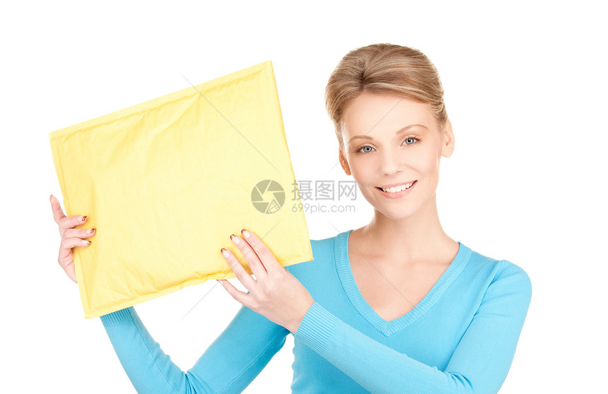 拥有包裹的女商务人士金发女郎船运女士信封商业服务包装微笑命令邮政图片