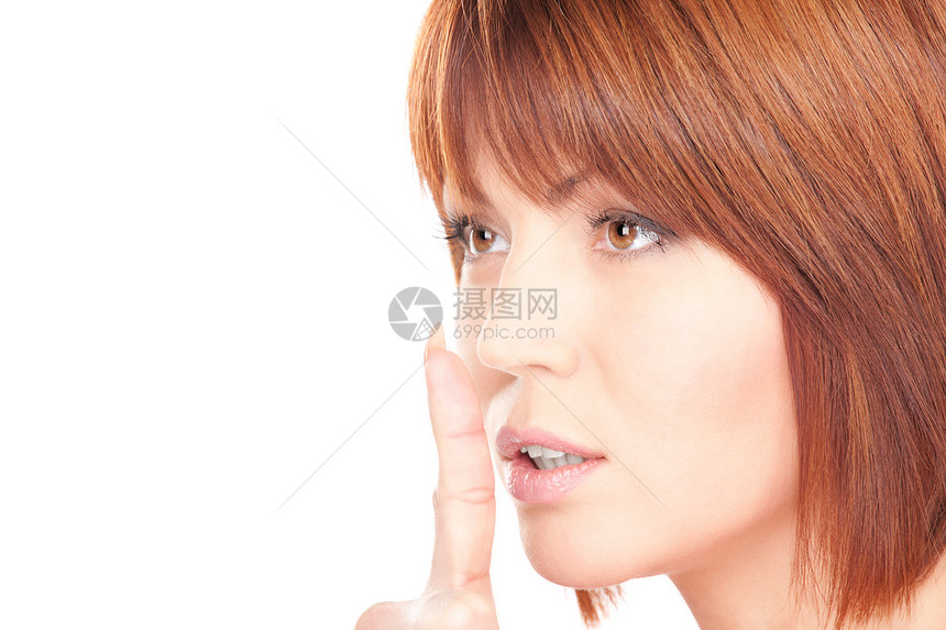 嘴唇上的手指人士警告成人秘密女孩黑发中年商务生意手势图片