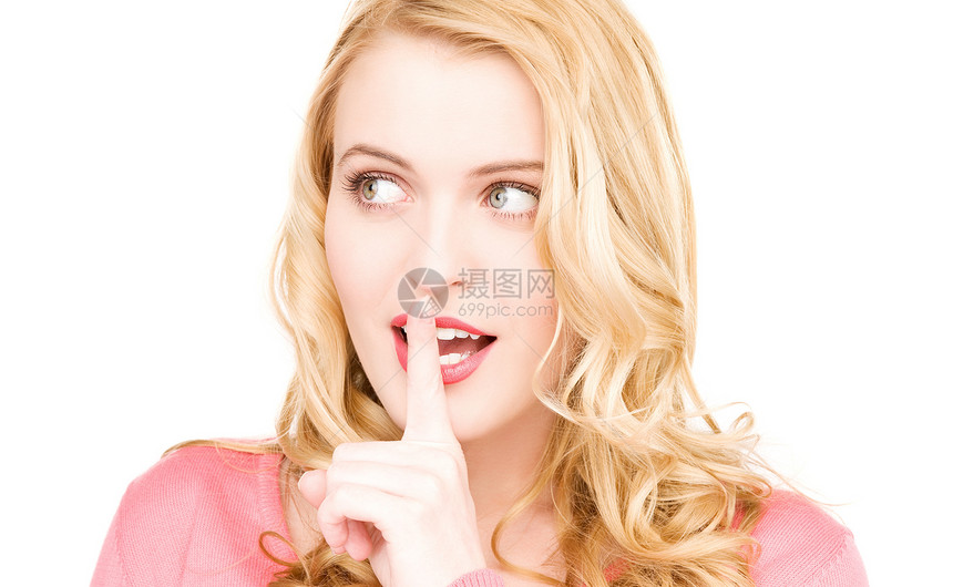 嘴唇上的手指商务阴谋警告成人秘密手势微笑女性人士金发女郎图片