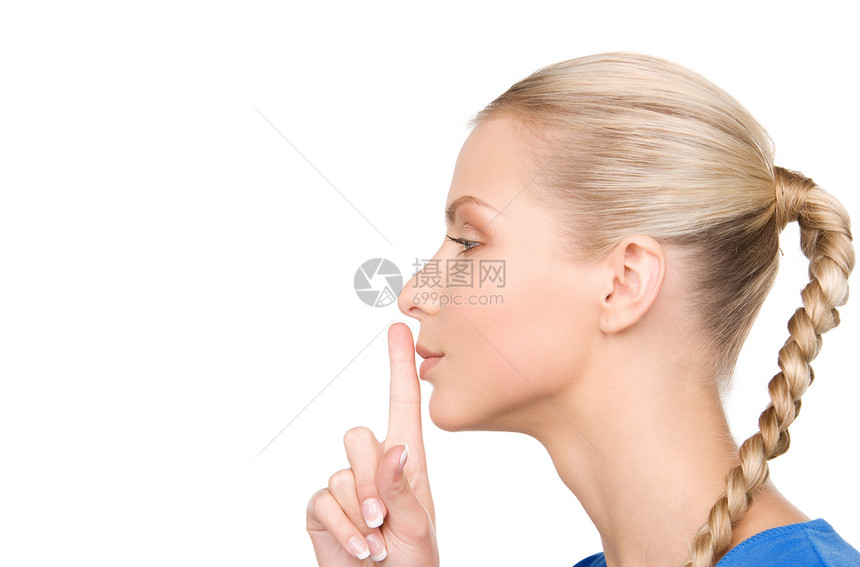 嘴唇上的手指女性秘密人士商务蓝色警告阴谋微笑手势女孩图片