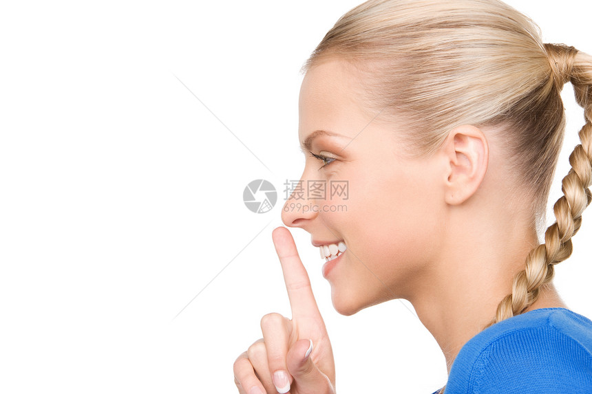 嘴唇上的手指秘密警告女孩手势青少年女性蓝色阴谋金发女郎商务图片