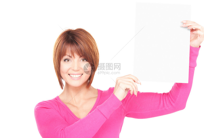 满满白板的幸福妇女女性快乐推介会木板女孩广告中年微笑海报床单图片