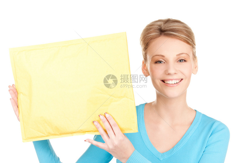 拥有包裹的女商务人士金发女郎成人信封包装快乐女性纸盒船运邮政女士图片
