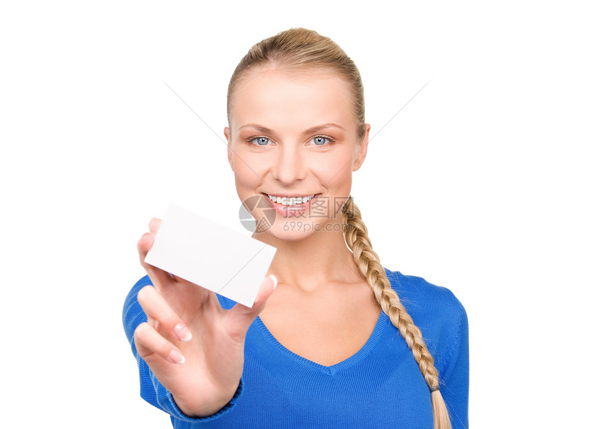 拥有名片的幸福妇女学生卡片女性广告青少年商务金发女郎商业人士快乐图片