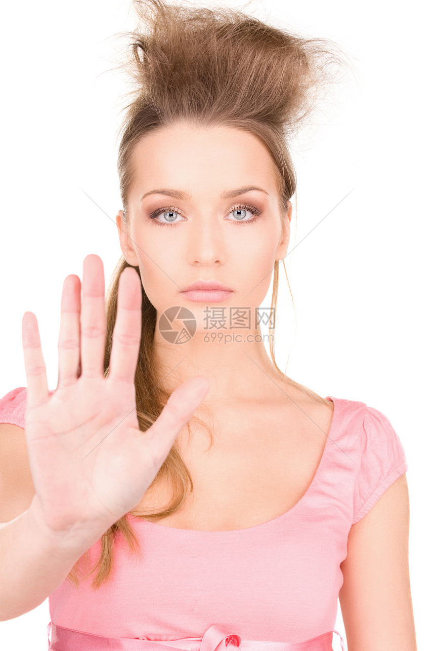 停下来女性手势抑制警告禁令棕榈白色成人衰退女孩图片