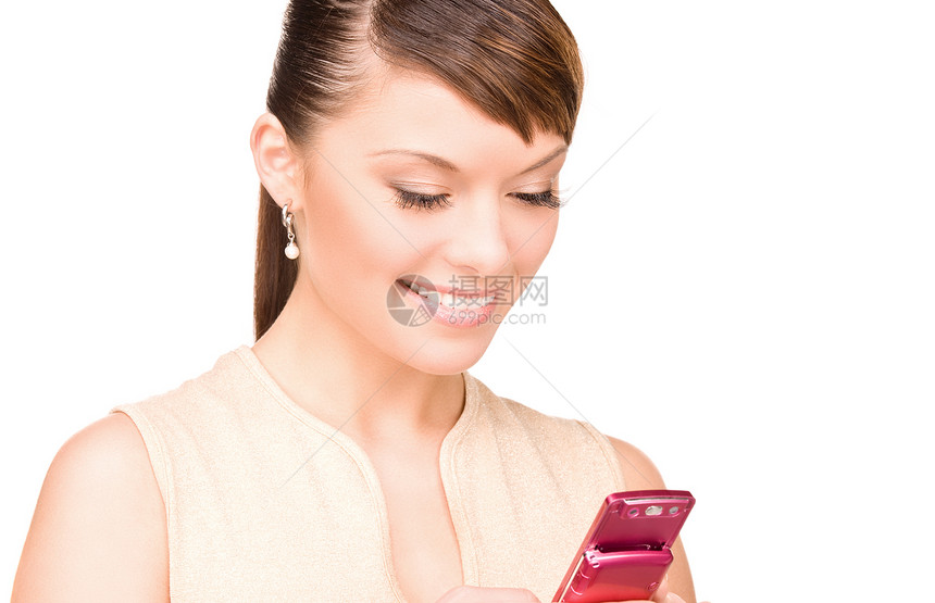 拥有手机的幸福妇女上网冲浪短信女孩女郎技术呼唤商务微笑女性图片