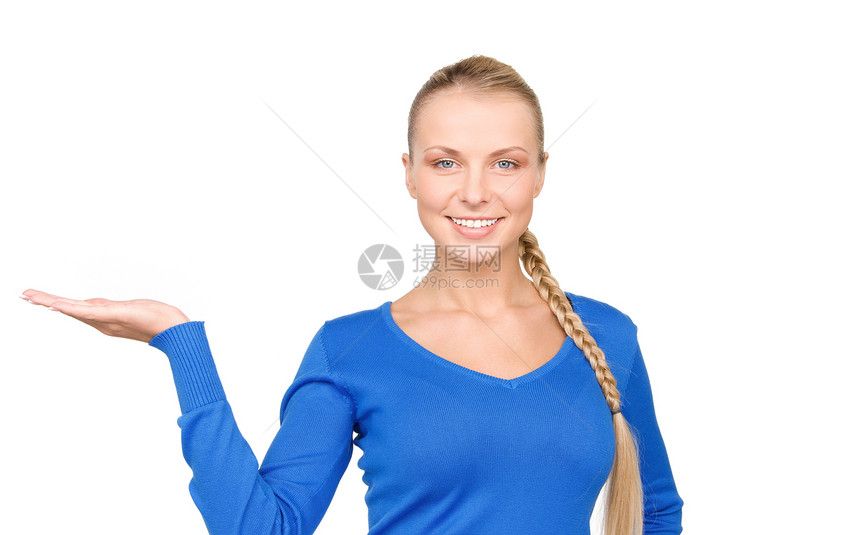 椰枣上的东西微笑商务手势广告棕榈女孩金发女郎白色蓝色快乐图片
