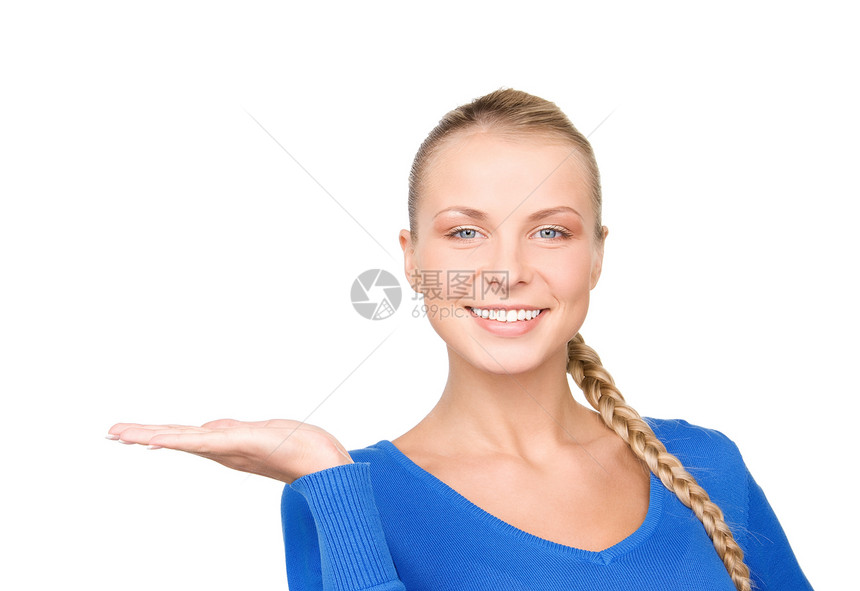 椰枣上的东西商务青少年快乐棕榈蓝色手势金发女郎女性微笑女孩图片