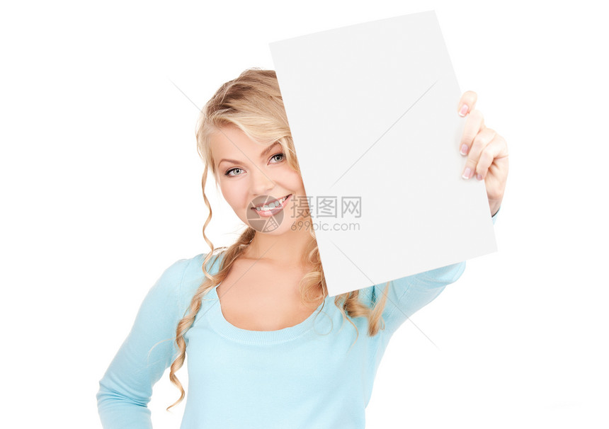 满满白板的幸福妇女空白微笑木板女孩卡片女性展示推介会海报白色图片