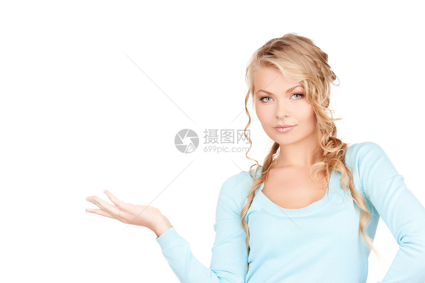 椰枣上的东西商务女性广告人士棕榈女孩手势微笑蓝色青少年图片