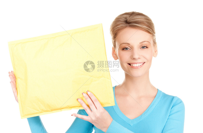 拥有包裹的女商务人士女孩商业邮政船运快乐包装命令金发女郎女士送货图片