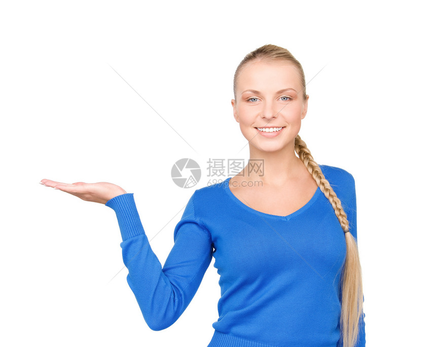 椰枣上的东西青少年手势快乐女性商务棕榈广告人士女孩蓝色图片
