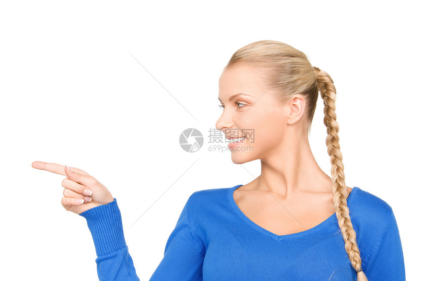 女商务人士指着她的手指女性手臂微笑手势青少年金发女郎指责商务行动快乐图片