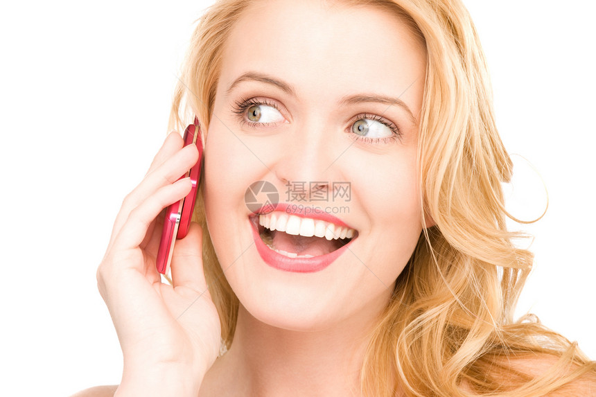 拥有手机的幸福妇女快乐女孩人士技术电话细胞呼唤商务八卦金发女郎图片