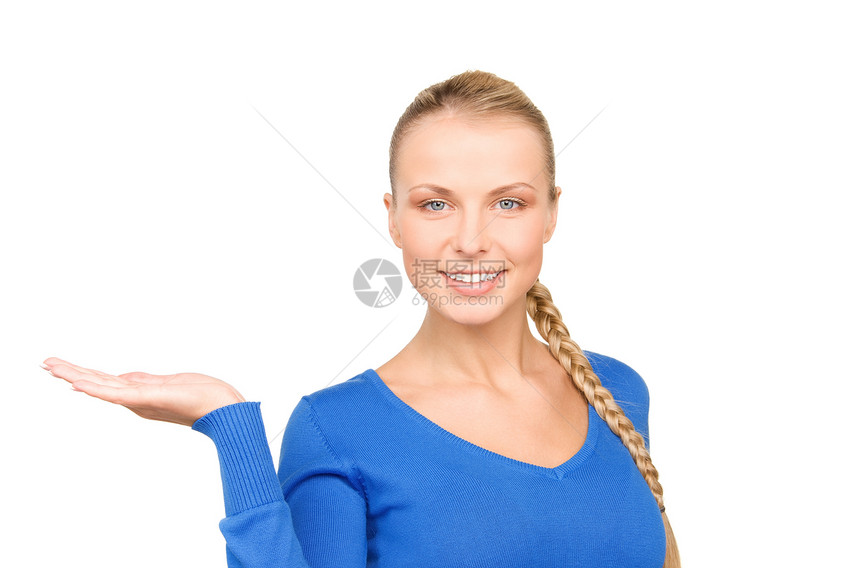 椰枣上的东西微笑广告手势白色快乐女孩蓝色青少年棕榈商务图片