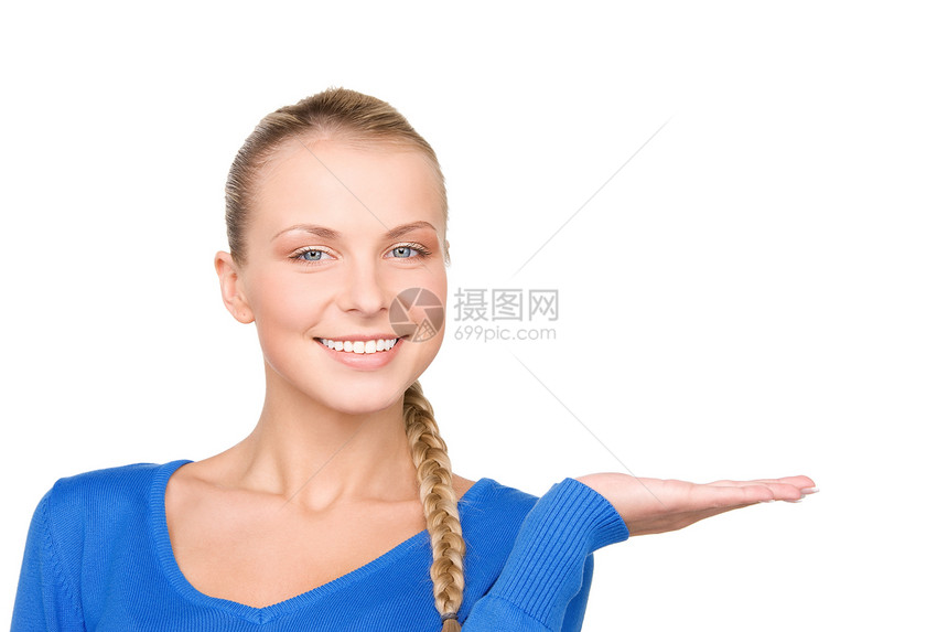椰枣上的东西商务广告微笑女性女孩青少年手势白色蓝色人士图片