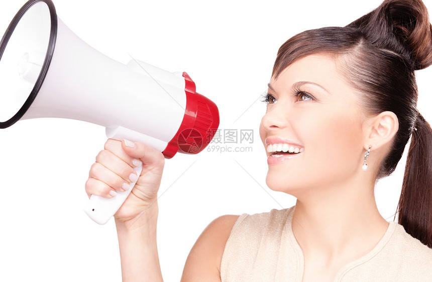 妇女用扩音器尖叫快乐女性黑发演讲民众广告喇叭白色商务图片