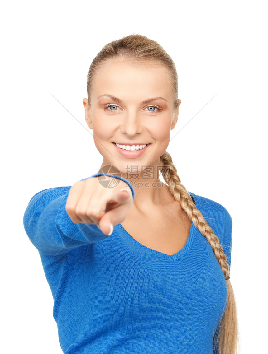 女商务人士指着她的手指行动手势指责警报女孩商务金发女郎女性手臂商业图片