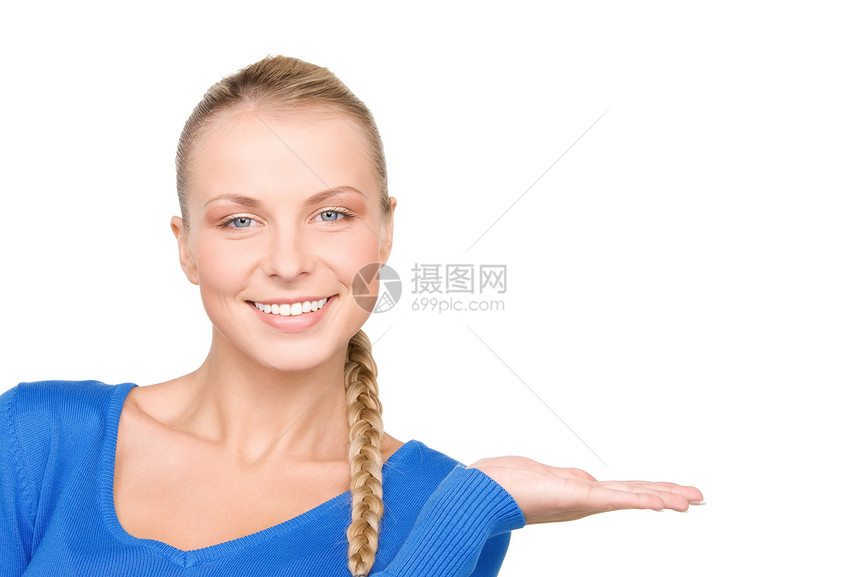 椰枣上的东西女性蓝色商务人士手势棕榈白色微笑青少年女孩图片