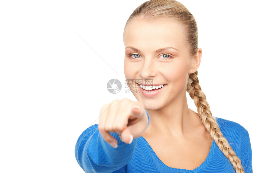 女商务人士指着她的手指快乐微笑女孩商务人士女性警报指责手势行动图片