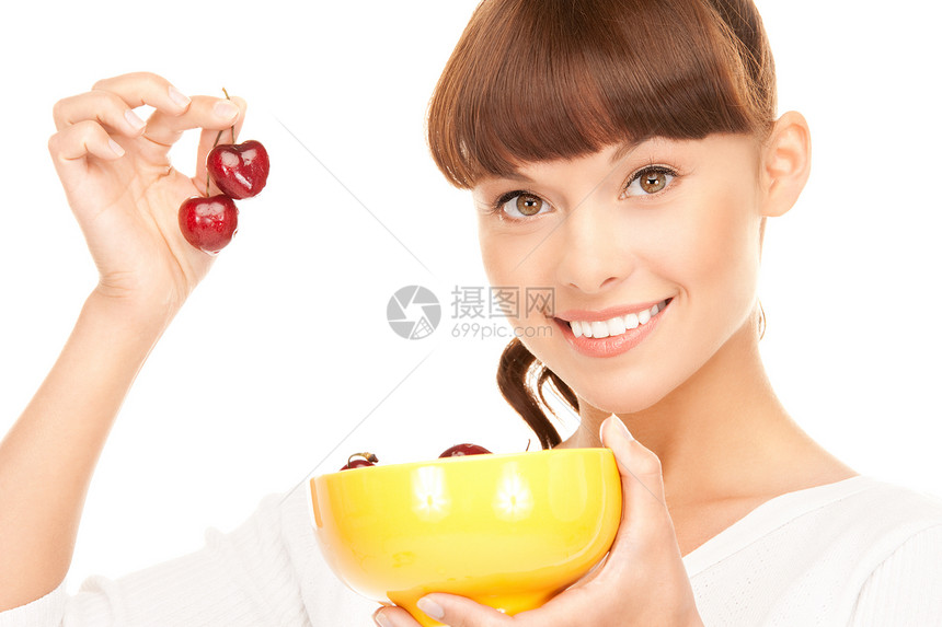 妇女有樱桃女孩饮食女性福利水果快乐食物活力黑发食品图片