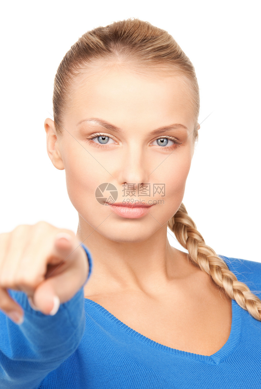 女商务人士指着她的手指手臂女孩金发女郎公告商务手势白色指责青少年成人图片