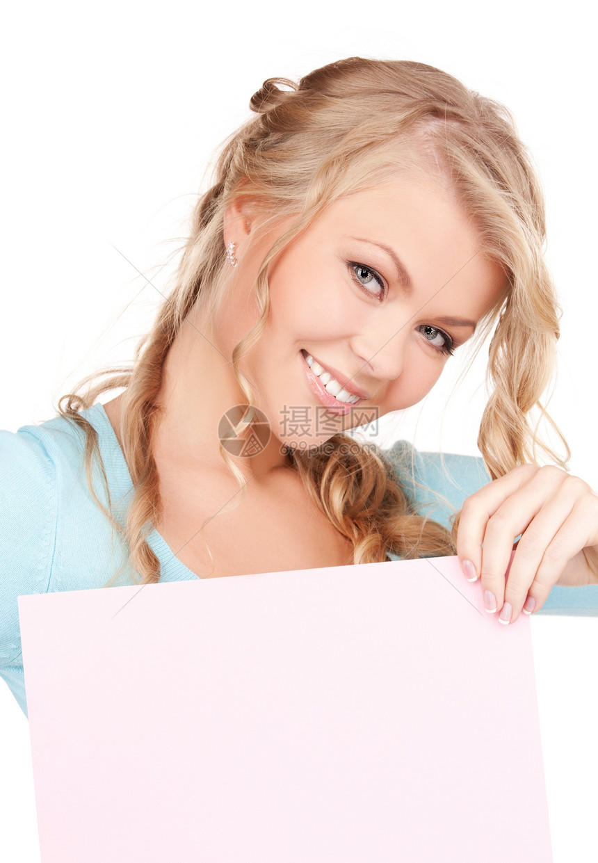 满满白板的幸福妇女推介会微笑床单空白海报女孩白色卡片木板女性图片