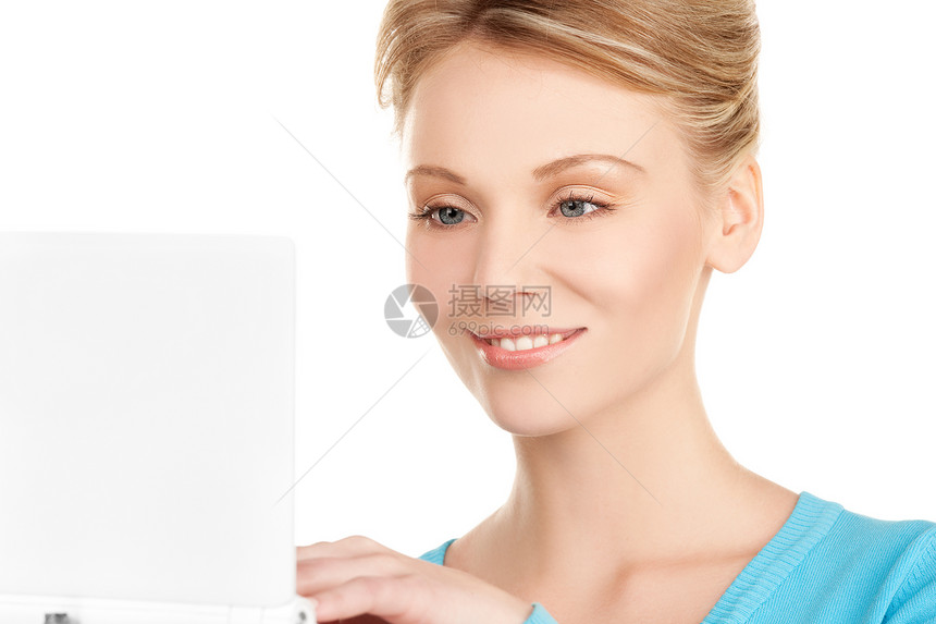 拥有笔记本电脑的幸福妇女商务技术金发女郎八卦快乐女性人士女孩邮件网络图片