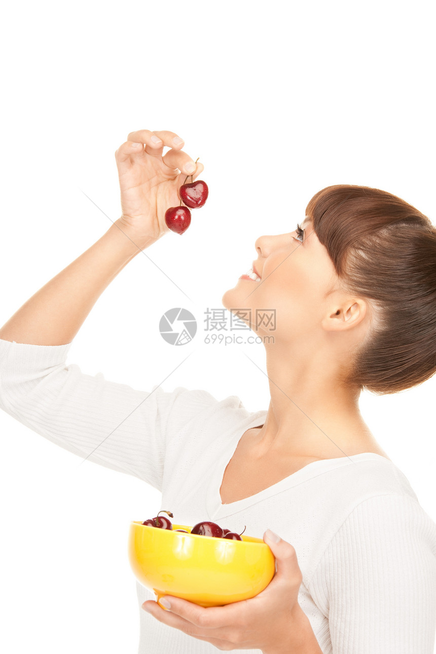 妇女有樱桃女性快乐福利活力水果食品食物饮食女孩黑发图片