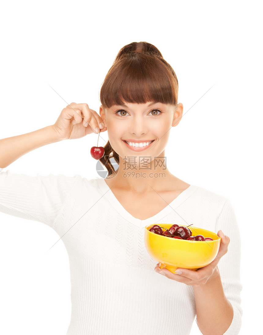 妇女有樱桃水果营养饮食食物女孩女性黑发福利食品快乐图片