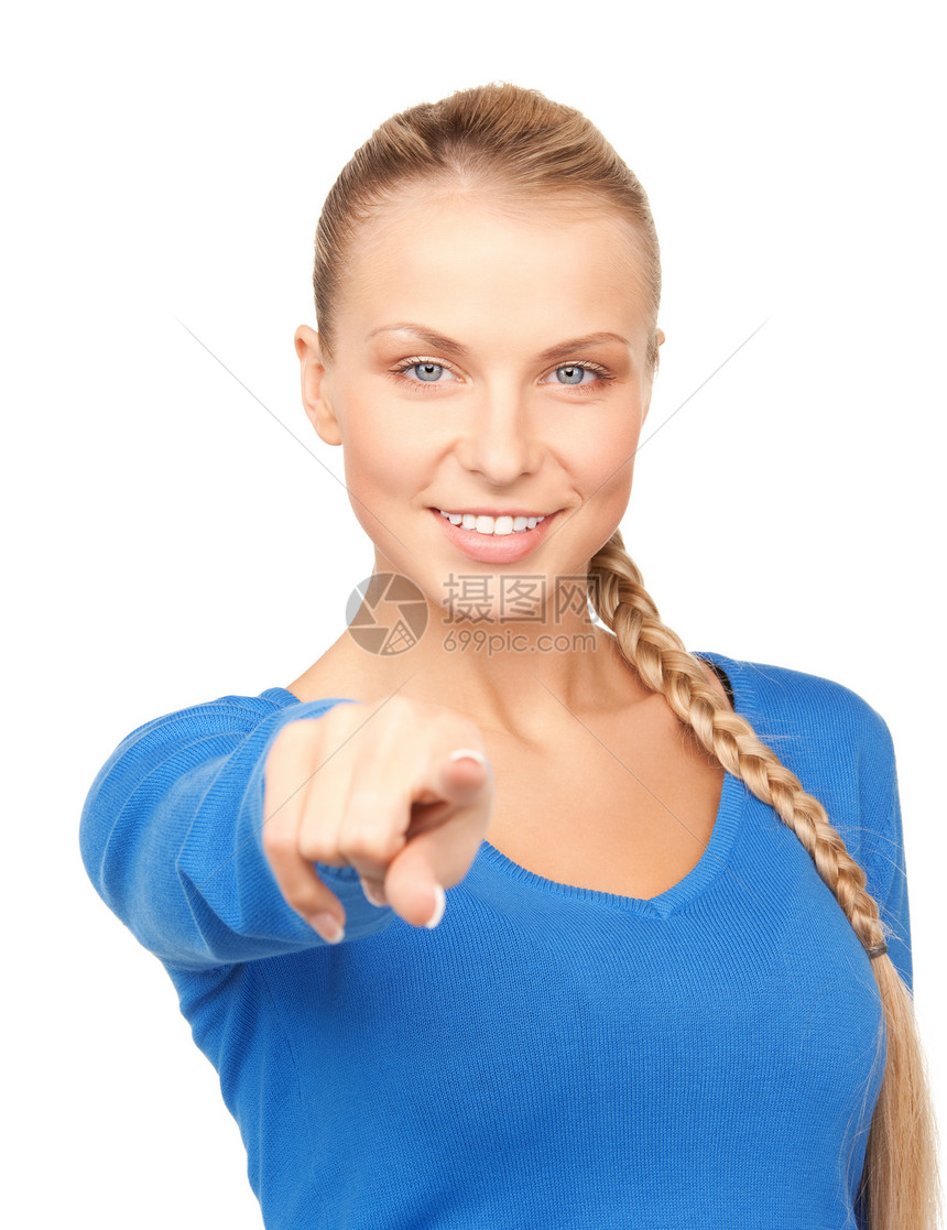 女商务人士指着她的手指金发女郎快乐采摘手势警报手臂指责微笑人士商务图片