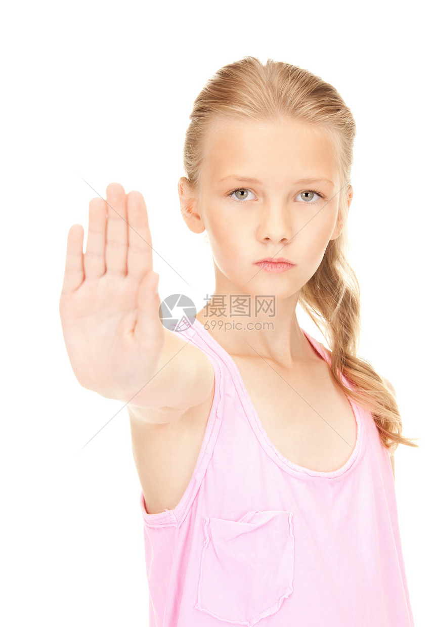 显示停车牌的可爱女孩衰退学生青少年警告抑制手势金发女郎禁令女性孩子图片